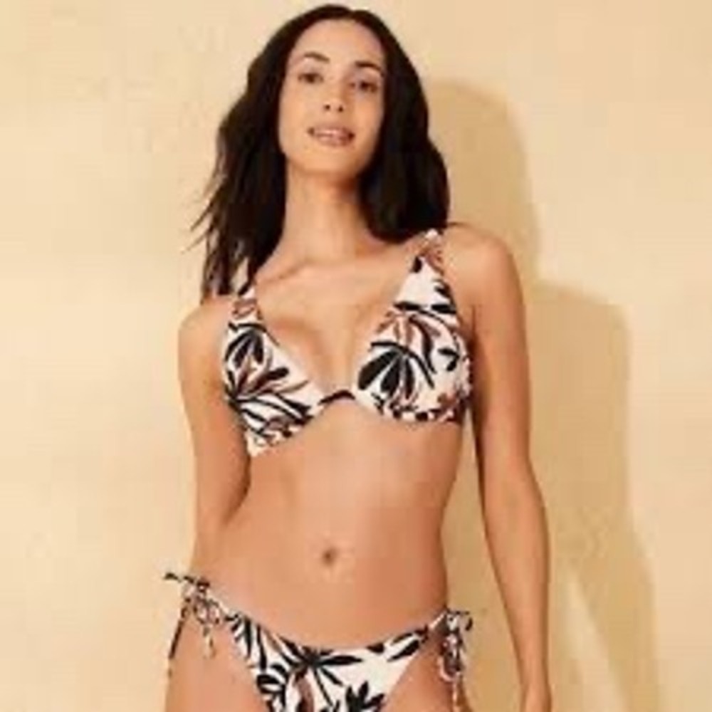 Shade & Shore Tropical Leaf Side Tie Bikini Bottom White Black Brown Small NWT